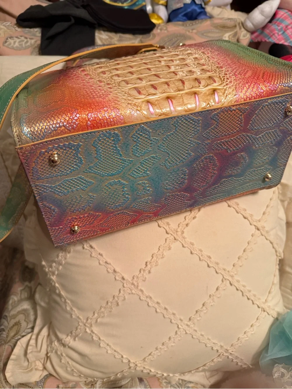 Brahmin Multicolor Iridescent Croc-Embossed Satchel with Pink and Teal Accents